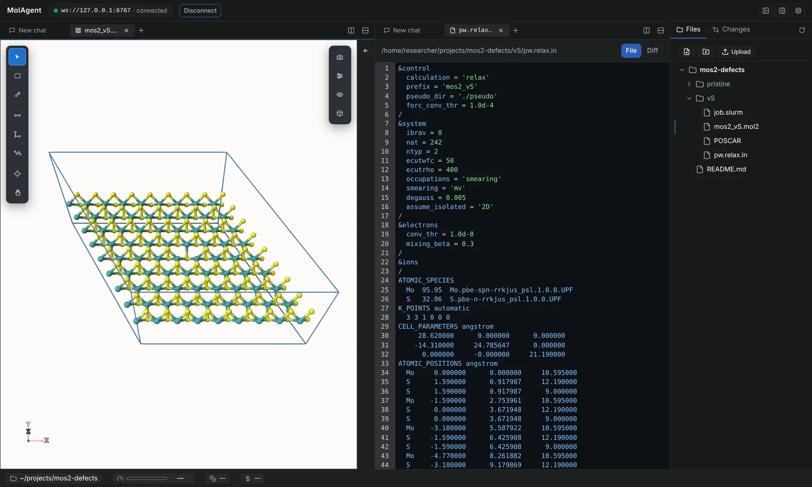 Workspace with a monolayer MoS2 supercell in the 3D viewer on the left, its Quantum ESPRESSO input file on the right, and the project file tree.